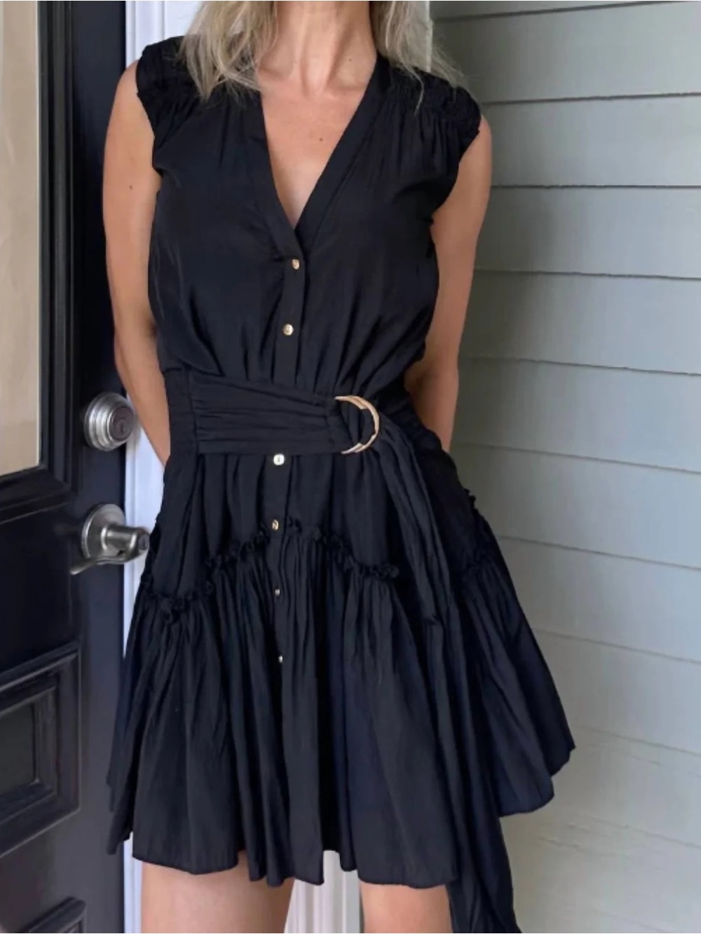 bishop + young Black Button-Front Midi Dress with Belt